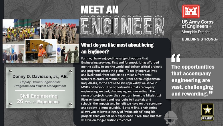 National Engineer Week is February 19 - 25, 2023! Each day this week, we're featuring Memphis District engineer profiles that express what they like most about being an engineer.

In this profile, the Memphis District is featuring Donny D. Davidson, Jr., a civil engineer with 26 years of experience. Donny is the Memphis District's Deputy District Engineer for Programs and Project Management—the senior ranking civilian employee in the district.  One of his favorite things about being an engineer is, "The opportunities that accompany engineering are vast, challenging and rewarding."

Thank you, Donny! And thank you to all our engineers! We appreciate everything you do for our great nation!