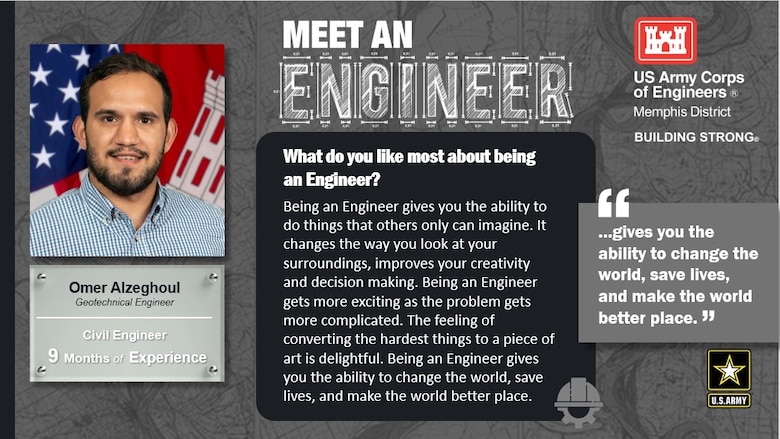 National Engineer Week is February 19 - 25, 2023! Each day this week, we're featuring Memphis District engineer profiles that express what they like most about being an engineer.

In this profile, the Memphis District is featuring Omer Alzeghoul, a civil engineer with 9 months of experience. One of his favorite things about being an engineer is, "Being an Engineer gives you the ability to change the world, save lives, and make the world better place."

Thank you, Omer! And thank you to all our engineers! We appreciate everything you do for our great nation!
