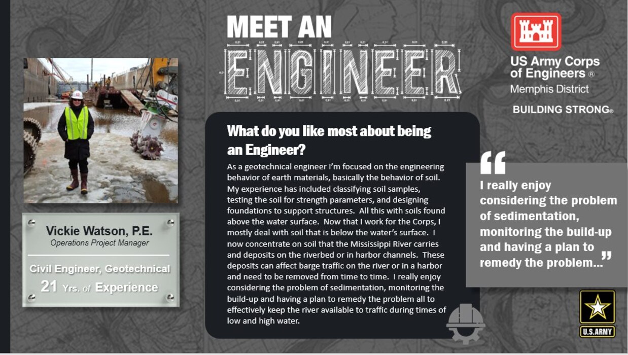 National Engineer Week is February 19 - 25, 2023! Each day this week, we're featuring Memphis District engineer profiles that express what they like most about being an engineer.

In this profile, the Memphis District is featuring Vickie Watson, a civil (geotechnical) engineer with 21 years of experience. One of her favorite things about being an engineer is, "I really enjoy considering the problem of sedimentation, monitoring the build-up and having a plan to remedy the problem!'"

Thank you, Vickie! And thank you to all our engineers! We appreciate everything you do for our great nation!