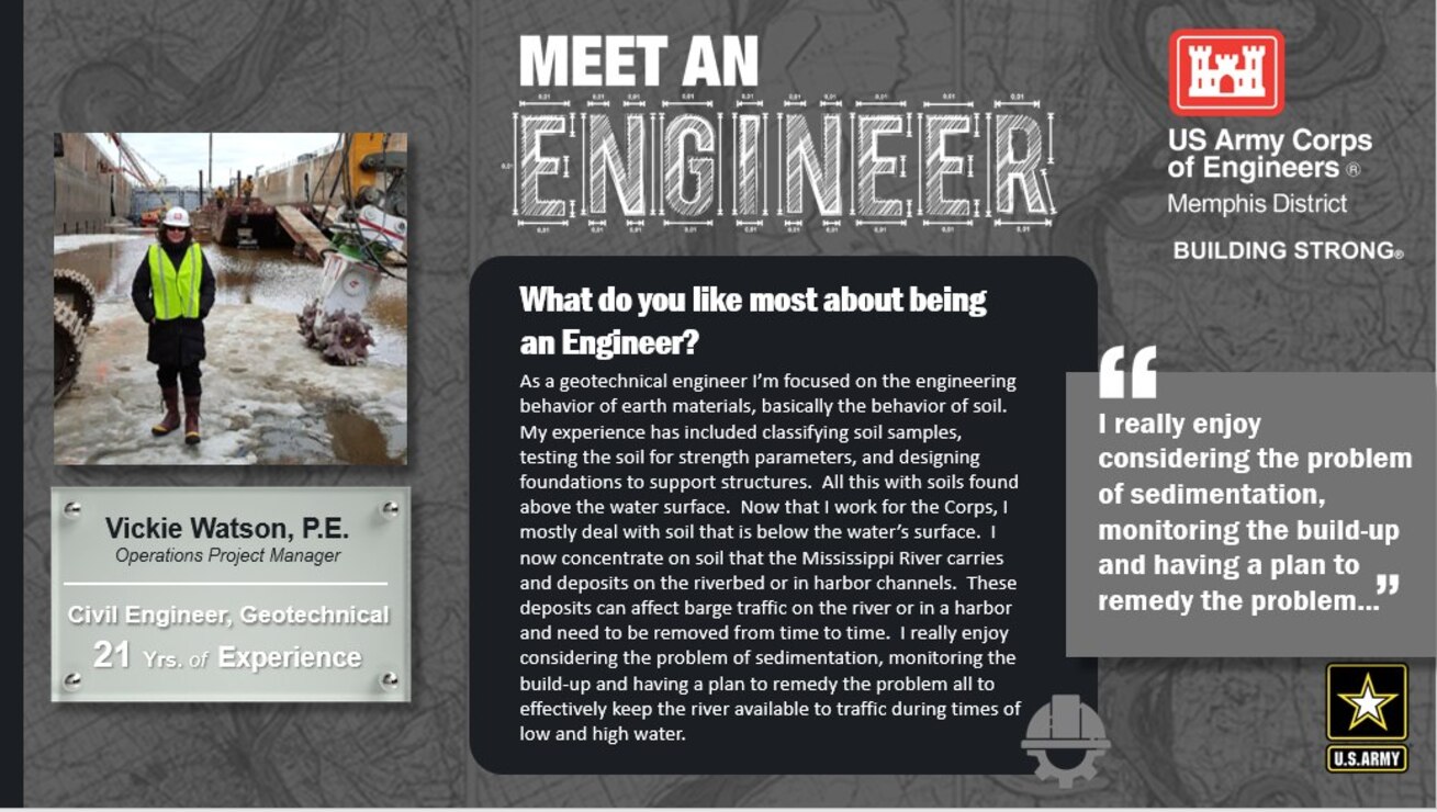 National Engineer Week is February 19 - 25, 2023! Each day this week, we're featuring Memphis District engineer profiles that express what they like most about being an engineer.

In this profile, the Memphis District is featuring Vickie Watson, a civil (geotechnical) engineer with 21 years of experience. One of her favorite things about being an engineer is, "I really enjoy considering the problem of sedimentation, monitoring the build-up and having a plan to remedy the problem!'"

Thank you, Vickie! And thank you to all our engineers! We appreciate everything you do for our great nation!
