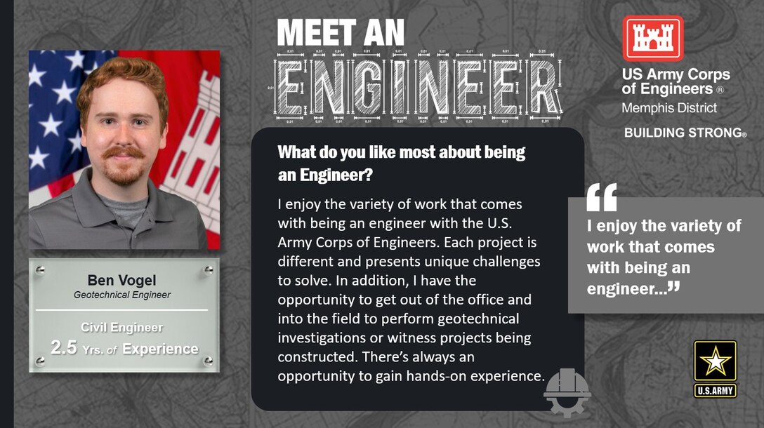National Engineer Week is February 19 - 25, 2023! Each day this week, we're featuring Memphis District engineer profiles that express what they like most about being an engineer.

In this profile, the Memphis District is featuring Ben Vogel, a civil engineer with 2.5 years of experience. One of his favorite things about being an engineer is, "I enjoy the variety of work that comes with being an engineer."

Thank you, Ben! And thank you to all our engineers! We appreciate everything you do for our great nation!