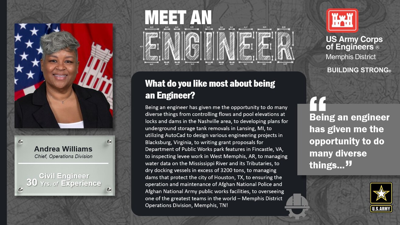 National Engineer Week is February 19 - 25, 2023! Each day this week, we're featuring Memphis District engineer profiles that express what they like most about being an engineer.

In this profile, the Memphis District is featuring Andrea Williams, a civil engineer with 30 years of experience. One of her favorite things about being an engineer is, "Being an engineer has given me the opportunity to do many diverse things..."

Thank you, Andrea! And thank you to all our engineers! We appreciate everything you do for this district, division, and ultimately, this great nation!