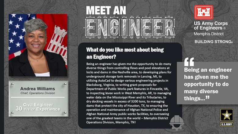 National Engineer Week is February 19 - 25, 2023! Each day this week, we're featuring Memphis District engineer profiles that express what they like most about being an engineer.

In this profile, the Memphis District is featuring Andrea Williams, a civil engineer with 30 years of experience. One of her favorite things about being an engineer is, "Being an engineer has given me the opportunity to do many diverse things..."

Thank you, Andrea! And thank you to all our engineers! We appreciate everything you do for this district, division, and ultimately, this great nation!