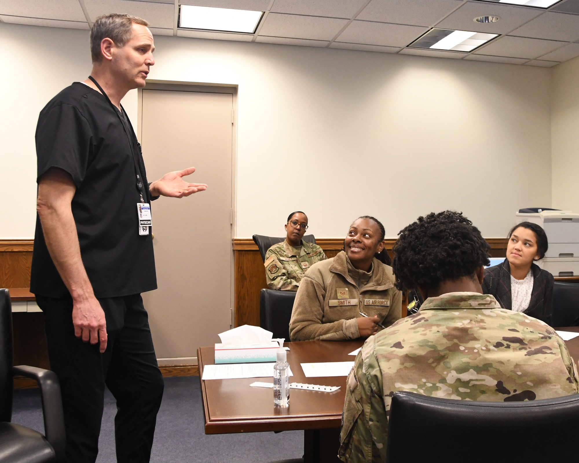 Dr. Tim Duffy, a former Air Force medical doctor, provides a briefing on stress and other health concerns during a free acupuncture session held at the 459th Air Refueling Wing headquarters building at Joint Base Andrews, Md., March 8, 2023. Dr. Duffy, the acupuncturist, was brought to the unit by the 459th Military and Family Readiness Office.