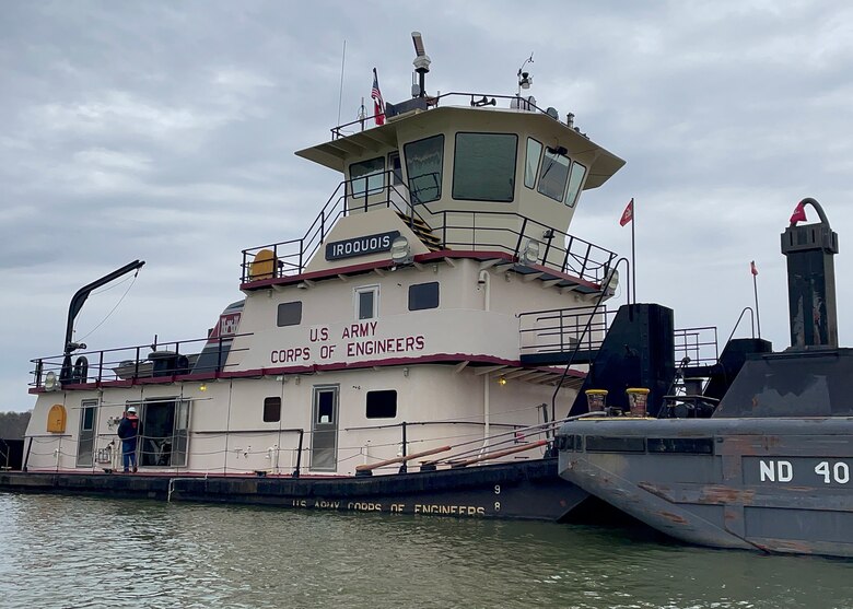 Nashville District Maintenance Support Team aboard the Motor Vessel Iroquois work March 8, 2023, to repair hanging signs and mooring cells located upstream of Kentucky Lock in Grand Rivers, Kentucky. (USACE Photo by Misty Cunningham)
