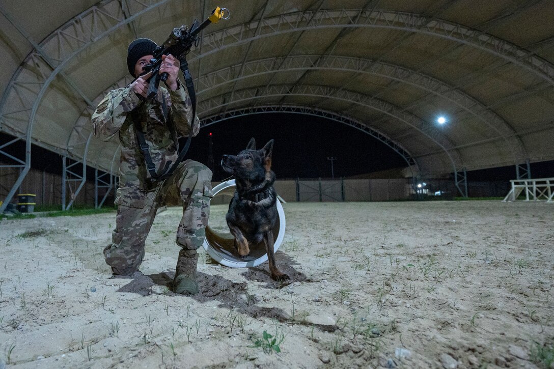 A dog watches an airman who is kneeling and holding a gun.