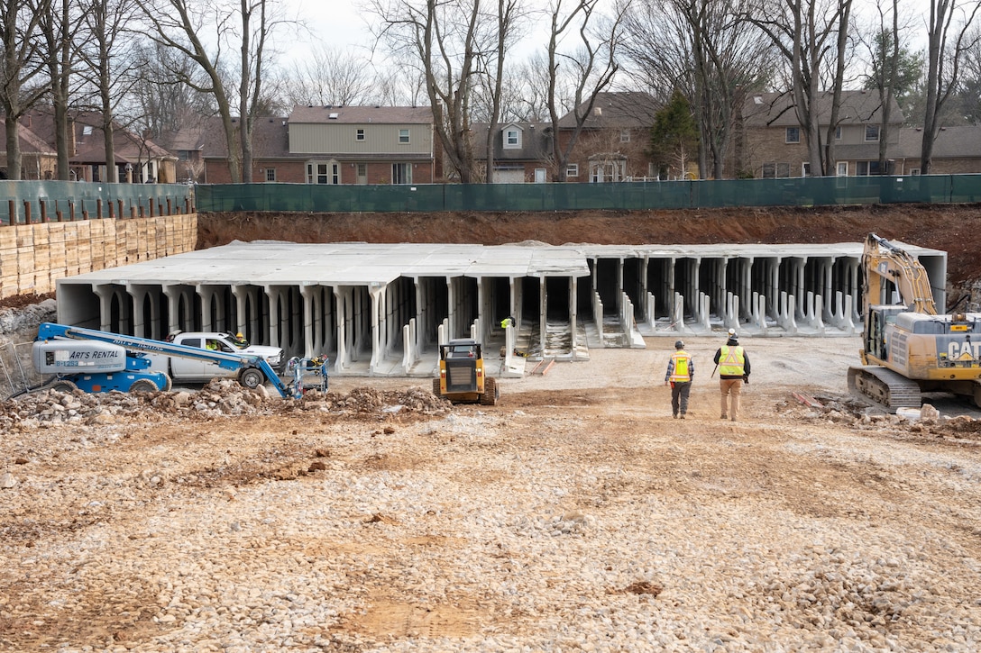 This photo shows dozens of concrete pillars placed in one of the excavation sites on the property. These form the framework for the stormwater collection tank.