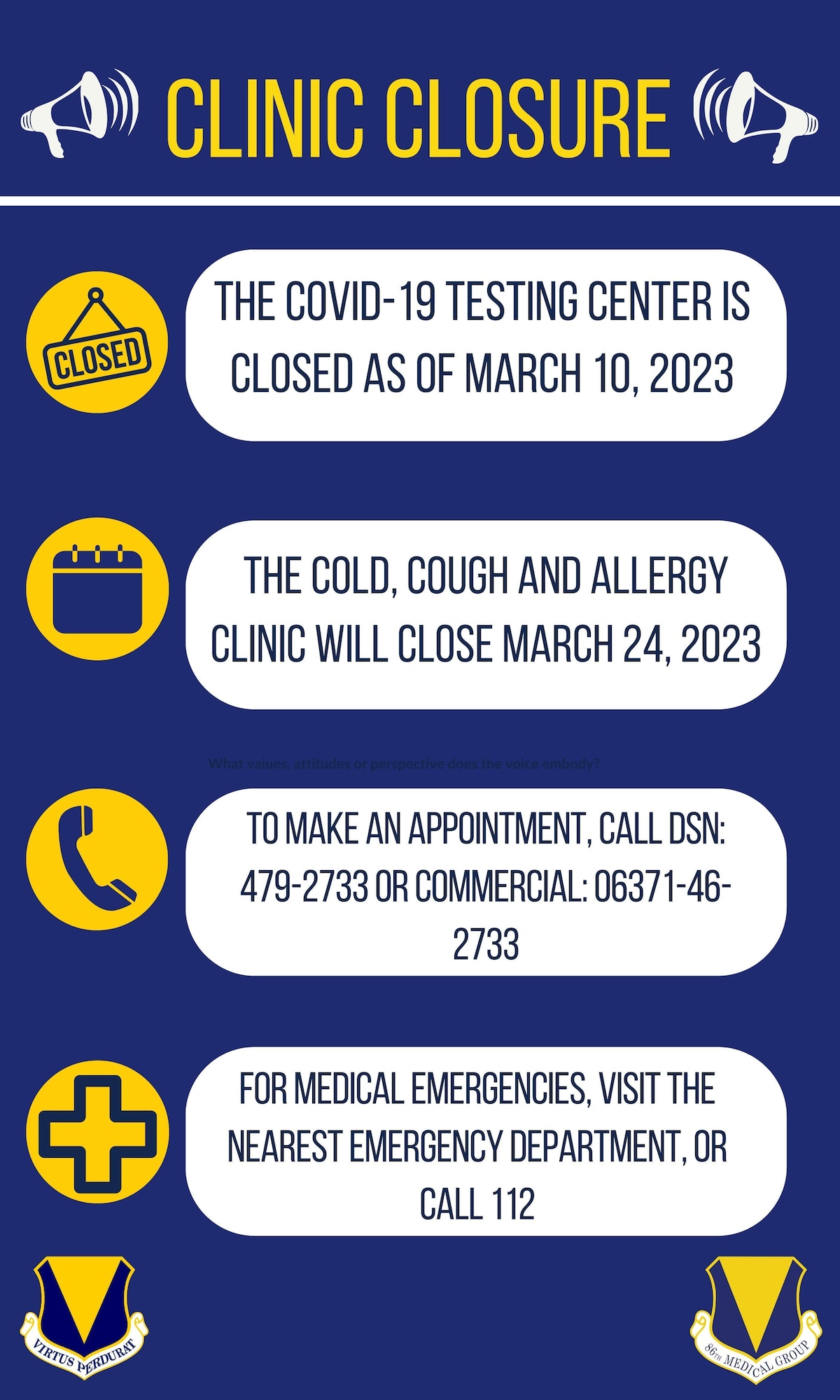 This graphic shows information regarding the closure of the Covid clinic and the Cold, Cough and Allergy Clinic.