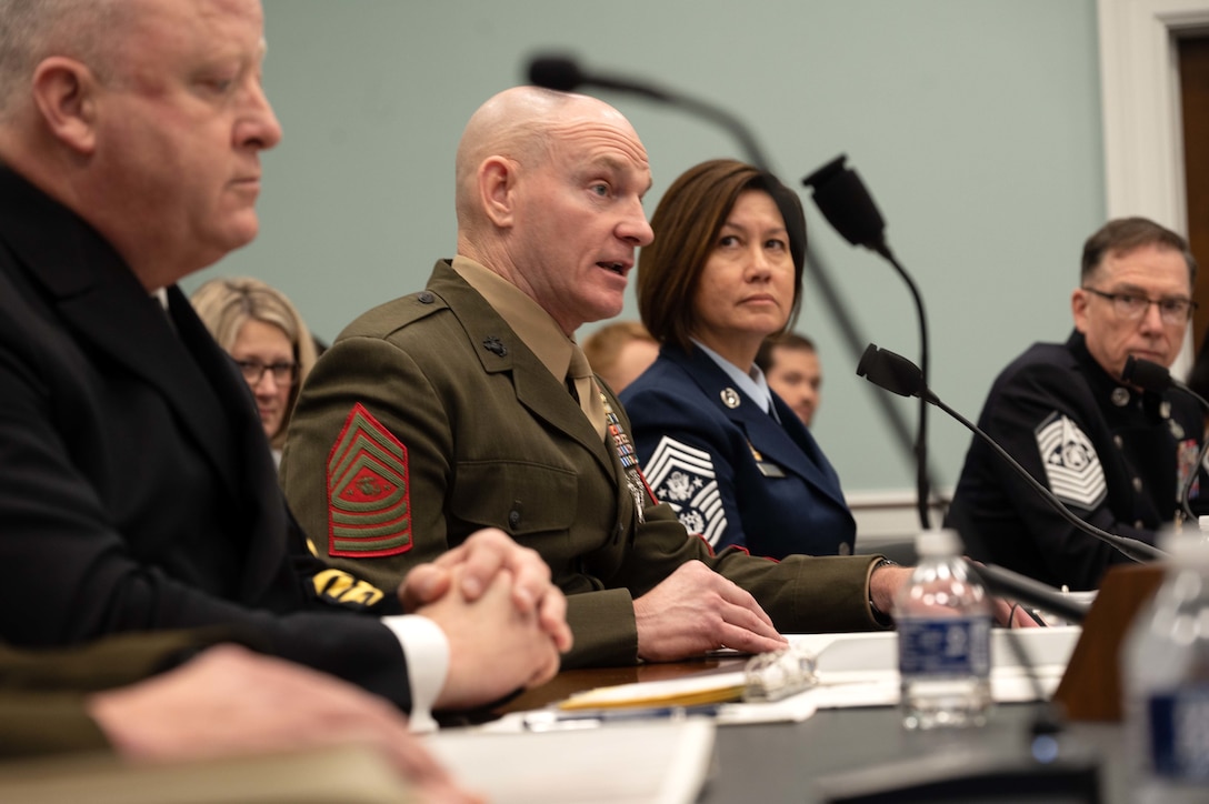 Sgt. Maj. of the Marine Corps Troy Black testifies during the House Appropriations Military Construction, Veterans Affairs, and Related Agencies Subcommittee hearing on military quality of life, in the Rayburn building on Capitol Hill in Washington D.C., Feb.28, 2023. Black along with Sgt. Maj. of the Army Michael Grinston, Master Chief Petty Officer of the Navy James Honea, Chief Master Sgt. of the Air Force JoAnne Bass, and Chief Master Sgt. of the Space Force Roger Towberman advocated for quality of life improvements such as; pay compensation, medical care, and housing (U.S. Navy photo by Senior Chief Mass Communication Specialist Anastasia McCarroll)
