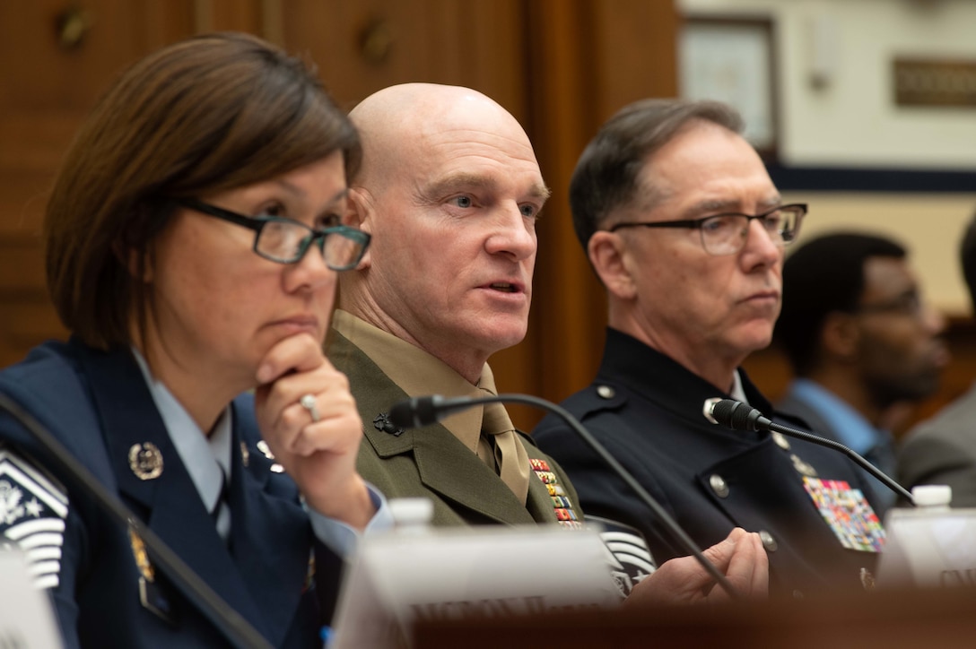 Sgt. Maj. of the Marine Corps Troy Black testifies during the House Armed Services Committee, Subcommittee on Military Personnel on military quality of life, in the Rayburn building on Capitol Hill in Washington D.C., Mar. 9, 2023. Black along with Sgt. Maj. of the Army Michael Grinston, Master Chief Petty Officer of the Navy James Honea, Chief Master Sgt. of the Air Force JoAnne Bass, and Chief Master Sgt. of the Space Force Roger Towberman advocated for quality of life improvements such as; pay compensation, medical care, and housing (U.S. Navy photo by Senior Chief Mass Communication Specialist Anastasia McCarroll)
