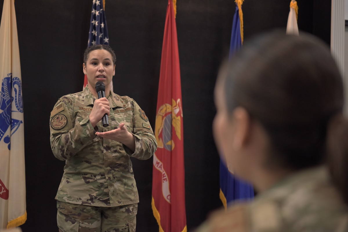 U.S. Air Force Maj. Alea Nadeem, Congressional budget and appropriations liaison, speaks during a Women’s History Month event at Goodfellow Air Force Base, Texas, March 8, 2023. Nadeem shared her story about living with her father in Iraq and how that has impacted her Air Force career. (U.S. Air Force photo by Senior Airman Ashley Thrash)
