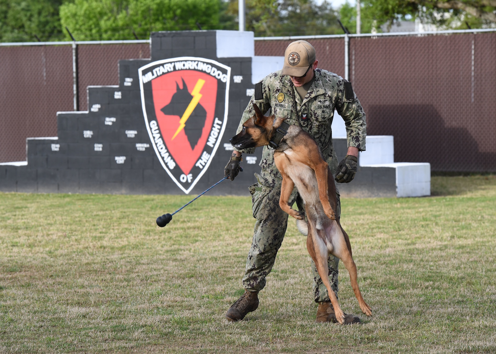 U.S. Navy Master at Arms 2nd Class Justin Merrill, Naval Construction Battalion Center Gulfport kennel trainer, and Jjester, NCBC Gulfport military working dog, participate in an obedience demonstration during the K-9 Veteran's Day Ruck & Demonstration at Keesler Air Force Base, Mississippi, March 13, 2023.