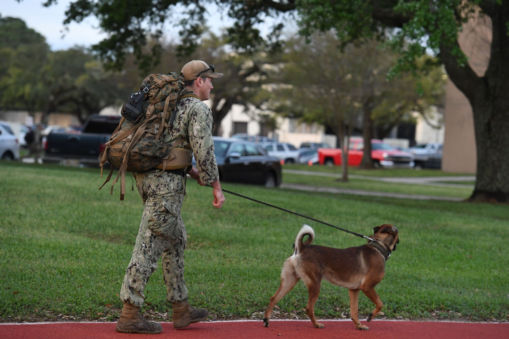 U.S. Navy Master at Arms 2nd Class Justin Merrill, Naval Construction Battalion Center Gulfport kennel trainer, and Jjester, NCBC Gulfport military working dog, participate in the K-9 Veteran's Day Ruck & Demonstration at Keesler Air Force Base, Mississippi, March 13, 2023.