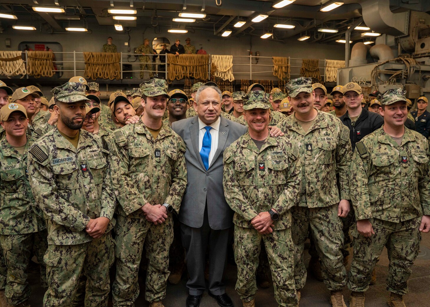 VIRGINIA BEACH, Va. - Secretary of the Navy Carlos Del Toro meets with Sailors during an all-hands call aboard the Harpers Ferry-class dock landing ship USS Carter Hall (LSD 50), at Joint Expeditionary Base Little Creek-Fort Story, Mar. 10, 2023. Secretary Del Toro is in Virginia Beach to thank U.S. service members assigned to USS Carter Hall (LSD 50), Explosive Ordnance Disposal Group 2, Mobile Diving and Salvage Unit 2, Helicopter Mine Countermeasures Squadron 15, and Helicopter Sea Combat Squadron 28 for their hard work during recent high-altitude surveillance balloon recovery operations. (U.S. Navy photo by Mass Communication Specialist 1st Class Ryan Seelbach)