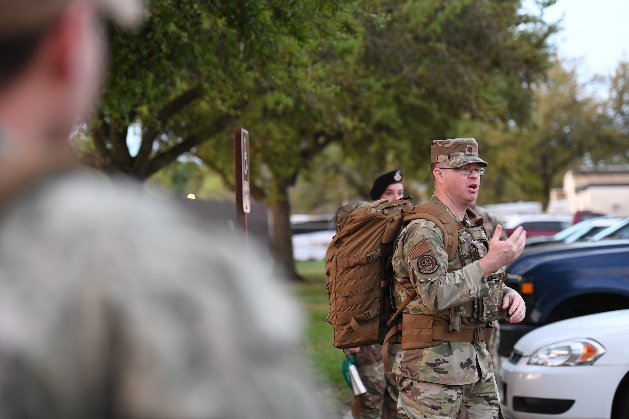 U.S. Air Force Maj. Shaun O’Dell, 81st Security Forces Squadron commander, delivers welcoming remarks during the K-9 Veteran's Day Ruck & Demonstration at Keesler Air Force Base, Mississippi, March 13, 2023.