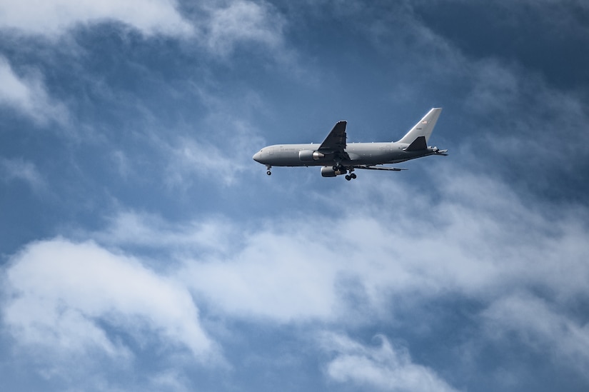 A KC-46A Pegasus assigned to the 305th Air Mobility Wing prepares to land for an Engine Running Crew Change during exercise White Stag at Joint Base McGuire-Dix-Lakehurst, N.J., March 8, 2023.