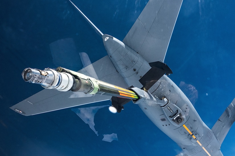 A KC-46A Pegasus assigned to the 305th Air Mobility Wing prepares its boom to refuel a C-17 Globemaster over the Eastern Seaboard, Mar. 9, 2023.