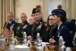 Air Force Maj. Gen. Kerry Muehlenbeck, adjutant general, Arizona National Guard, speaks during a meeting with leaders of the Sultan's Armed Forces in Muscat, Sultanate of Oman, March 13, 2023. Oman and the Arizona Guard signed a security cooperation agreement to pair in the Department of Defense National Guard State Partnership Program immediately after the meeting.