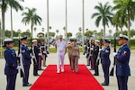 U.S. Army Gen. Laura Richardson, commander of U.S. Southern Command (SOUTHCOM), Brazil's Chief of the Joint Chiefs of Staff of the Armed Forces, Adm. Renato Rodrigues de Aguiar Freire, and the command’s senior enlisted advisor, U.S. Army Command Sgt. Maj. Benjamin Jones, walk to the entrance to the command's headquarters