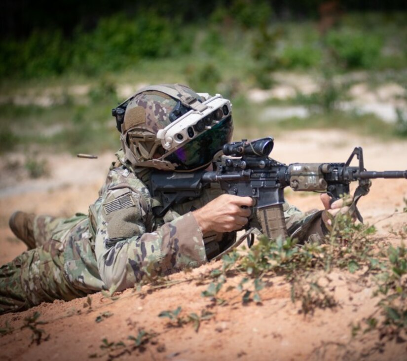 An “Airborne” Soldier with Bravo Company, 2nd Battalion, 501st Parachute Infantry Regiment (PIR), 1st Infantry Brigade Combat Team (IBCT), 82nd Airborne Division, conducting individual tactical live fire during Integrated Visual Augmentation System (IVAS) operational testing at Fort Bragg, North Carolina. (Photo Credit: Mr. Nicholas Robertson, Visual Information Specialist, U.S. Army Operational Test Command)