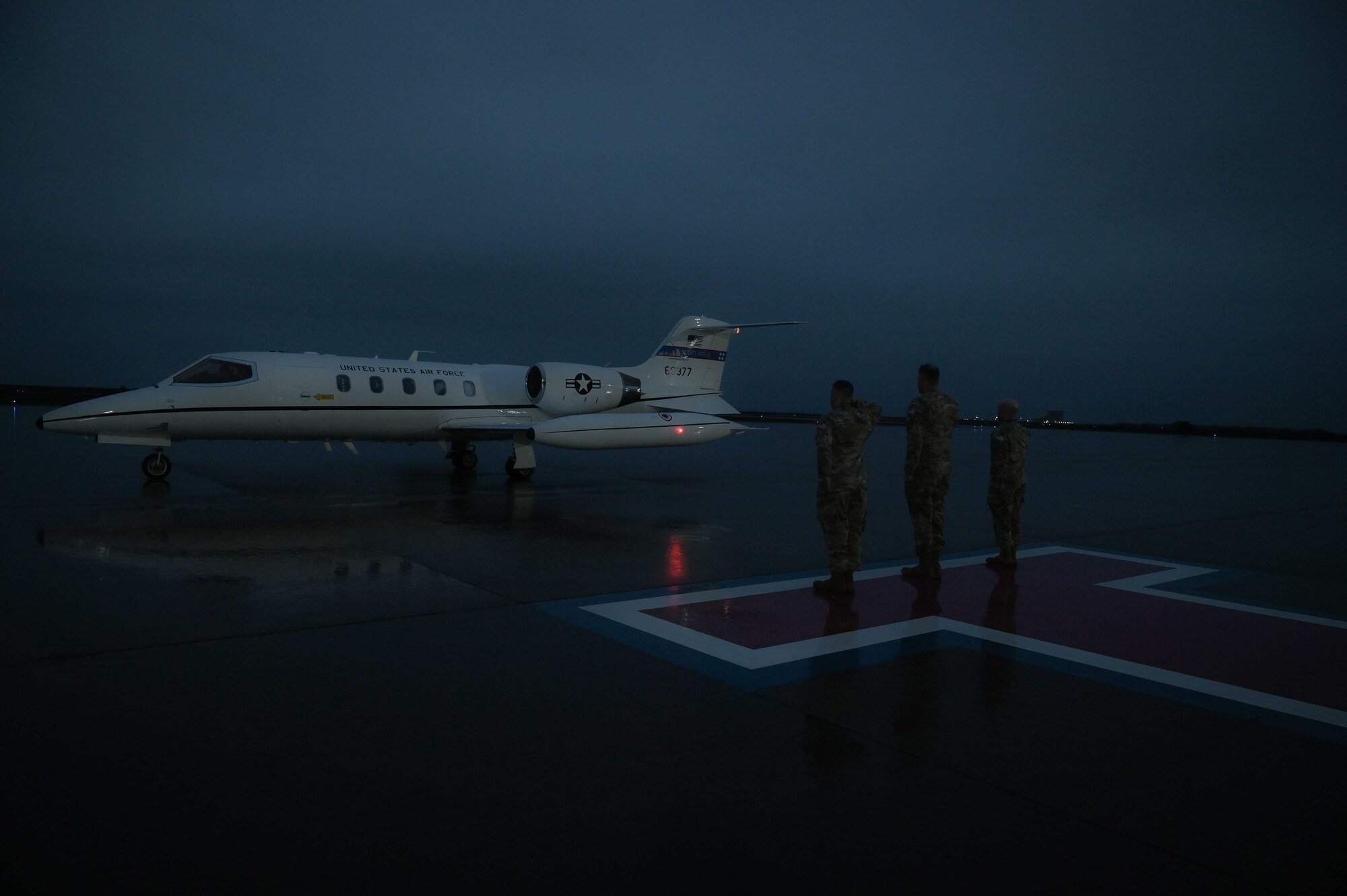 U.S. Space Force Col. Zachary Warakomski, Combined Force Space Component Command deputy commander (right), USSF Col. Robert Long, Space Launch Delta 30 commander (center), and USSF Chief Master Sgt. Heath Jennings, SLD 30 senior enlisted leader (left), salute the arrival of Vice Chief of Operations Gen. David D. Thompson, upon the general’s arrival at Vandenberg Space Force Base, Calif., March 10, 2023. During Thompson’s visit, key areas he toured included the CFSCC operations center, SLD 30 headquarters, Western Range Operations Control Center, and the 533rd Training Squadron. (U.S. Space Force Photo by Senior Airman Rocio Romo)