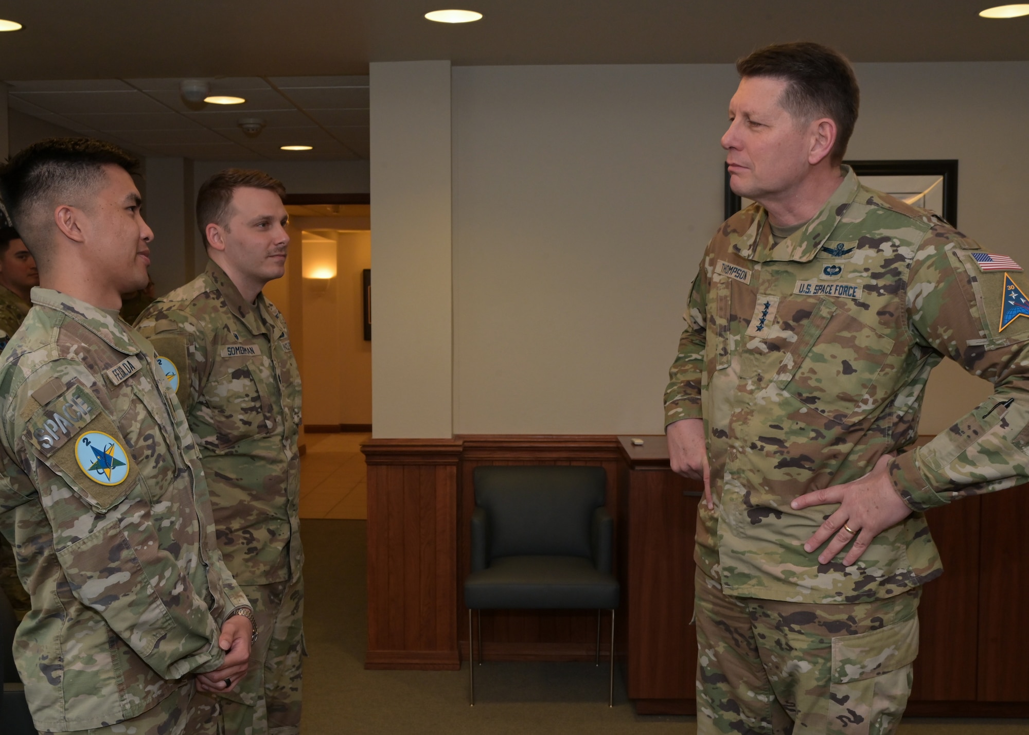 U.S. Space Force Gen. David D. Thompson, Vice Chief of Space Operations, recognized U.S. Space Force Capt. Patrick Felisilda, 2nd Range Operations Readiness Squadron chief of training and evaluation, with a commander’s coin at Vandenberg Space Force Base, Calif., March 10, 2023. The commander’s coin represents the recognition of achievement and outstanding distinction of excellence. (U.S. Space Force photo by Senior Airman Rocio Romo)