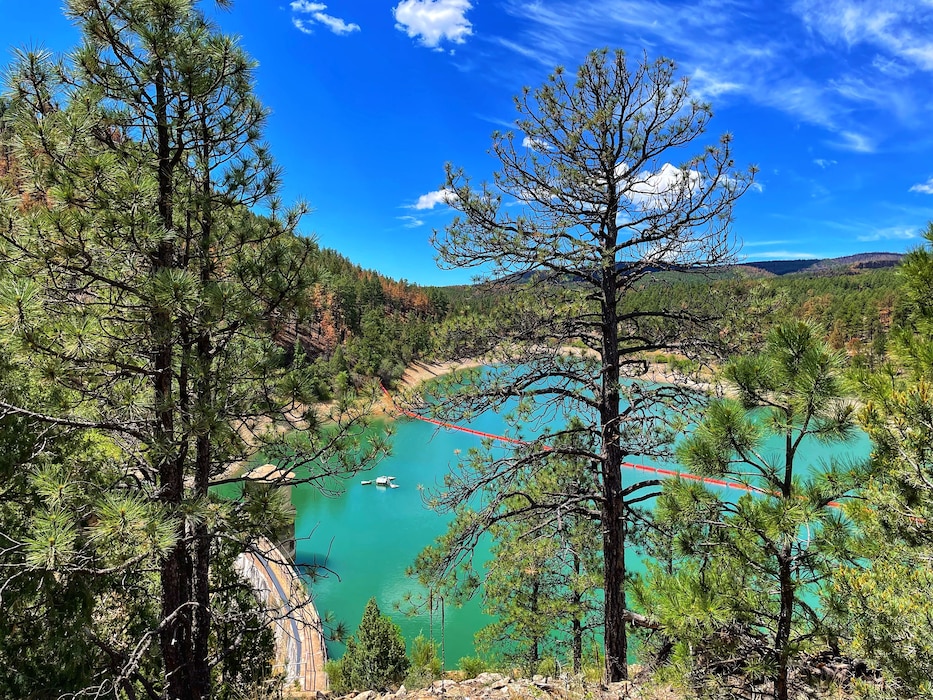 PETERSON RESERVOIR, N.M. – After the Hermits Peak/Calf Canyon Fire, the district contracted to have a log boom installed at Peterson Lake as part of the advanced measures taken to assist with capturing large debris that could potentially damage the reservoir. Photo taken July 6, 2022, by Karyn Matthews.