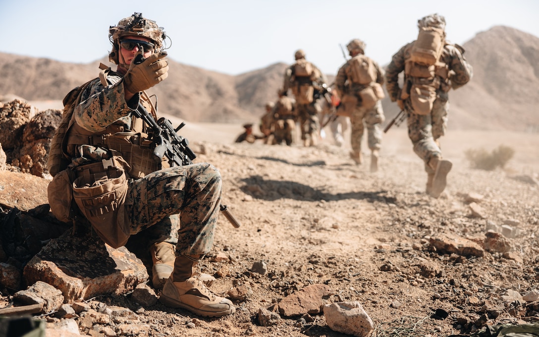 U.S. Marines with 3d Littoral Combat Team, 3d Marine Littoral Regiment, 3d Marine Division, conduct Range 400, a company-level combined arms training event, during Marine Littoral Regiment Training Exercise (MLR-TE) at Marine Corps Air Ground Combat Center Twentynine Palms, California, Feb. 9, 2023. MLR-TE is a large-scale, service-level exercise designed to train, develop, and experiment with the 3d MLR as part of a Marine Air-Ground Task Force, led by 3d Marine Division, operating as a Stand-in Force across a contested and distributed maritime environment. (U.S. Marine Corps photo by Sgt. Patrick King)
