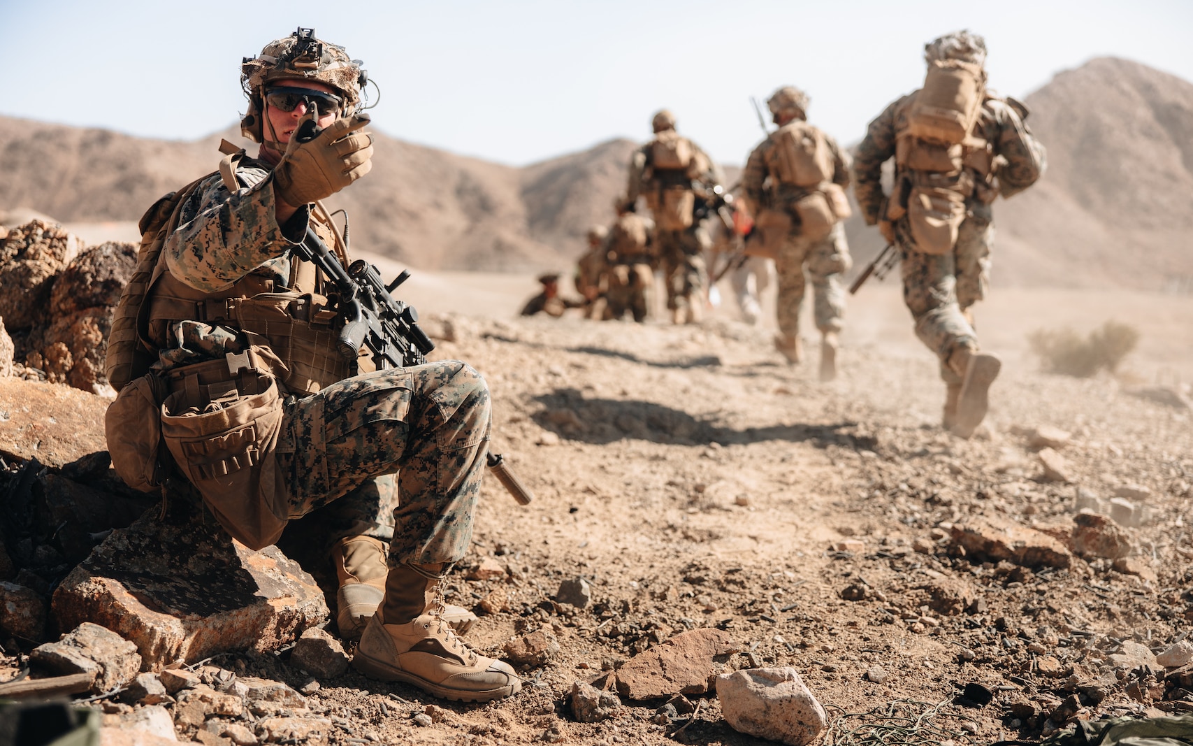 U.S. Marines with 3d Littoral Combat Team, 3d Marine Littoral Regiment, 3d Marine Division, conduct Range 400, a company-level combined arms training event, during Marine Littoral Regiment Training Exercise (MLR-TE) at Marine Corps Air Ground Combat Center Twentynine Palms, California, Feb. 9, 2023. MLR-TE is a large-scale, service-level exercise designed to train, develop, and experiment with the 3d MLR as part of a Marine Air-Ground Task Force, led by 3d Marine Division, operating as a Stand-in Force across a contested and distributed maritime environment. (U.S. Marine Corps photo by Sgt. Patrick King)