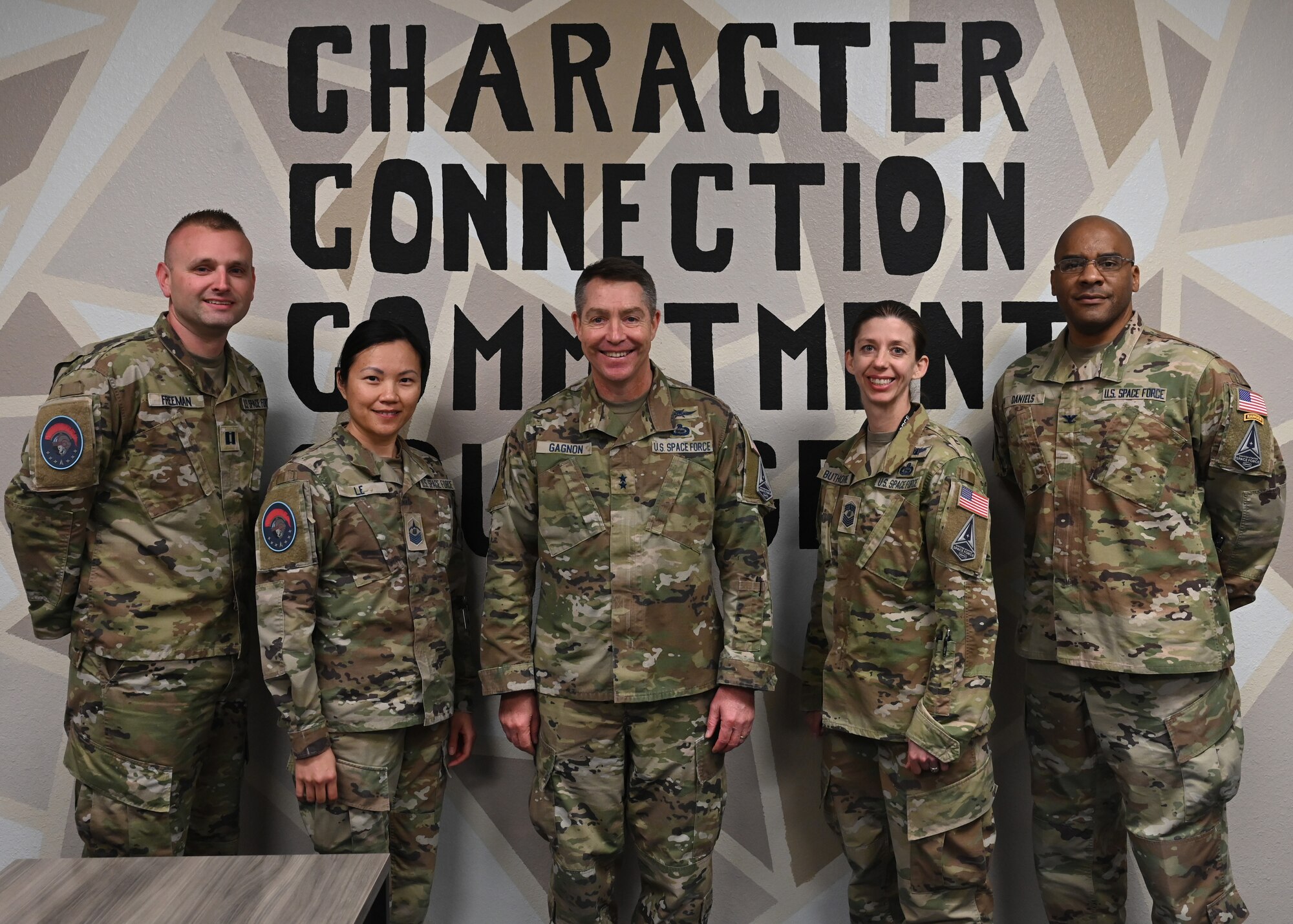 U.S. Space Force Maj. Gen. Gregory Gagnon, Deputy Chief of Space Operations for Intelligence, poses for a photo with Space Force Detachment 1 leadership, Goodfellow Air Force Base, Texas, Mar. 14, 2023. The 533rd TRS Det 1 is a unit hosted on Goodfellow that belongs to the STARCOM, at the geographically separated Vandenberg Space Base, California. (U.S. Air Force photo by Airman 1st Class Zachary Heimbuch)