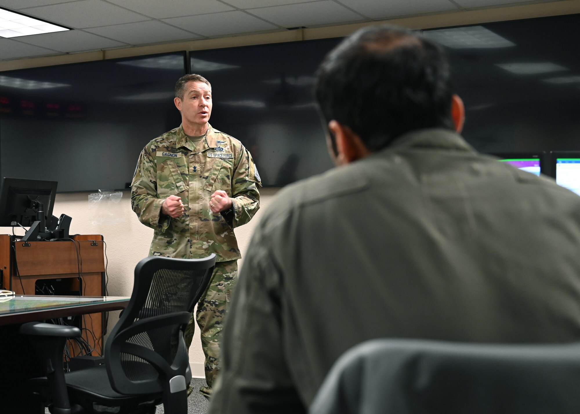 U.S. Space Force Maj. Gen. Gregory Gagnon, Deputy Chief of Space Operations for Intelligence, talks to the International Intelligence Officer class. Gagnon briefed the students on the importance of satellite use to gather signals intelligence and imagery reconnaissance. (U.S. Air Force photo by Airman 1st Class Zachary Heimbuch)