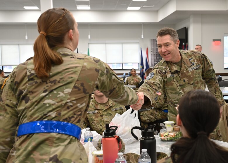 U.S. Space Force Maj. Gen. Gregory Gagnon, Deputy Chief of Space Operations for Intelligence, meets with Guardian students for lunch, Goodfellow Air Force Base, Texas, Mar. 14, 2023. Gagnon set out to personally understand the story of as many Guardians as possible. (U.S. Air Force photo by Airman 1st Class Zachary Heimbuch)