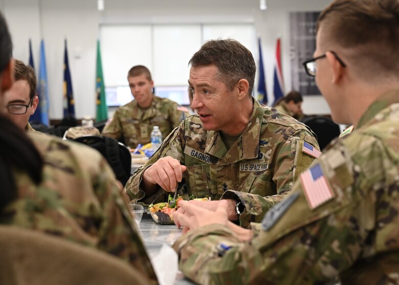 U.S. Space Force Maj. Gen. Gregory Gagnon, Deputy Chief of Space Operations for Intelligence, meets with Guardian students for lunch, Goodfellow Air Force Base, Texas, Mar. 14, 2023. Gagnon and the students discussed the student life in the training environment of Goodfellow and what to expect once graduating from technical training. (U.S. Air Force photo by Airman 1st Class Zachary Heimbuch)