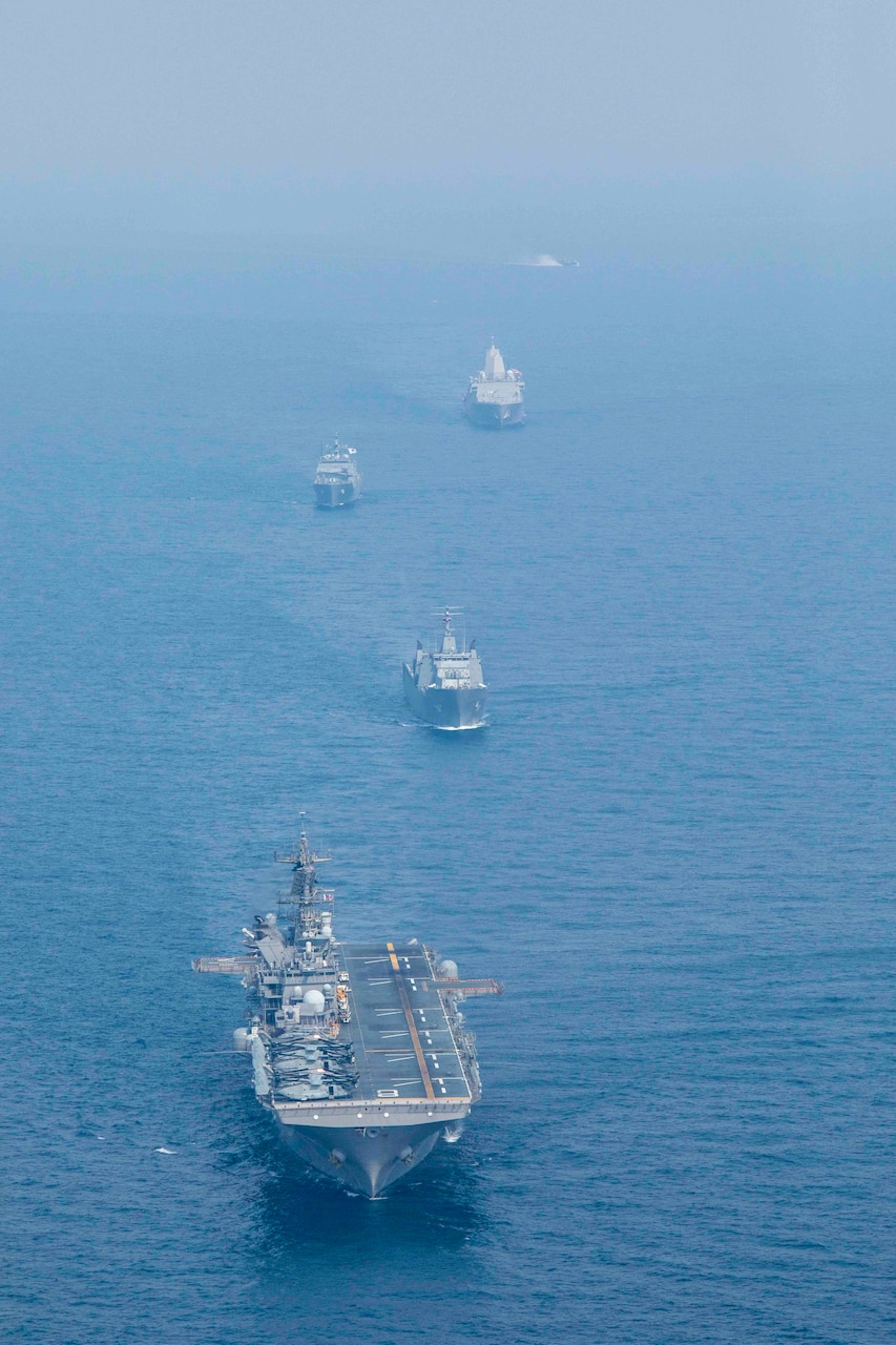 From bottom to top amphibious assault ship USS Makin Island (LHD 8), Royal Thai Navy landing platform dock HTMS Angthong (LPD 791), Republic of Korea Navy tank landing ship ROKS Il Chul Bong (LST 688), and landing transport dock USS John P. Murtha (LPD 26)during operation Cobra Gold 2023, March 3, 2023. Exercise Cobra Gold 2023, in its 42nd iteration, is one of the largest multilateral theater security cooperation exercises in the Indo-Pacific and reflects the U.S. commitment to allies and partners, providing a continuous and reliable platform to train, prepare, and enhance regional interoperability. The Makin Island Amphibious Ready Group, comprised of amphibious assault ship USS Makin Island and amphibious transport dock USS Anchorage (LPD 23) and USS John P. Murtha (LPD 26), is operating in the U.S. 7th Fleet area of operations with the embarked 13th MEU to enhance interoperability with Allies and partners and serve as a ready-response force to defend peace and maintain stability in the Indo-Pacific region. (U.S. Navy photo by Mass Communication Specialist 3rd Class Joshua Martinez)