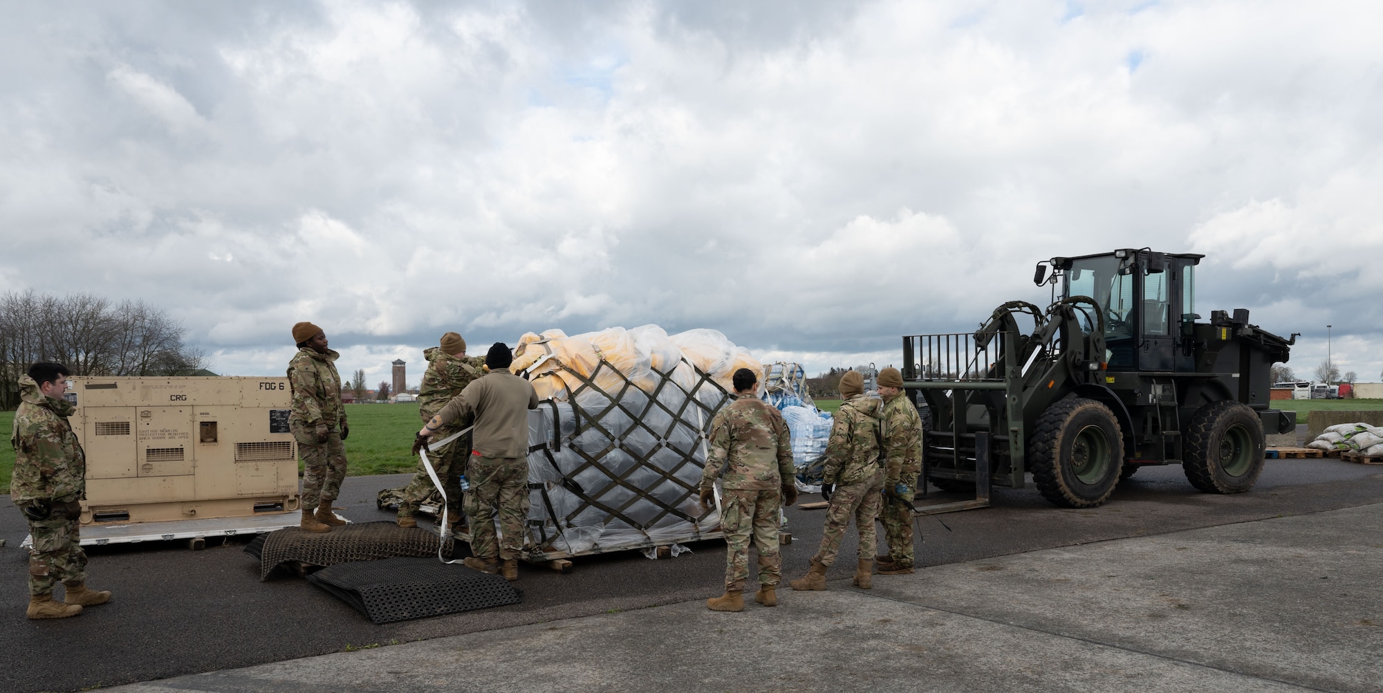 Members of the 435th Contingency Response Group palletize equipment prior to their redeployment to Ramstein Air Base Germany, during Exercise Agile Bison at Chièvres Air Base, Belgium, March 13, 2023.