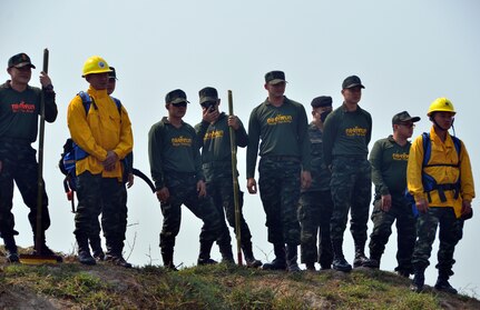 Members of the Washington National Guard, 176th Engineer Company, and the Royal Thai Army share wildland firefighting best practices Feb. 25, 2023, in Chiang Mai, Kingdom of Thailand. The exchange marked just the second time in their more than 20-year relationship under the State Partnership Program that Guard members and their Thai counterparts conducted a wildland firefighting exchange.