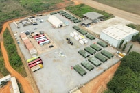 An aerial photograph captures what a typical Flintlock 2023 site setup looks like. This is a multi-purpose site somewhere in Ghana used for reception, staging and onward integration. As the program management office for the Logistics Civil Augmentation Program on the African continent, the 405th Army Field Support Brigade was tasked with supporting about 1,300 service members from 29 participating nations in Ghana and Côte d’Ivoire during Flintlock 2023, March 1-15. (U.S. Army courtesy photo)