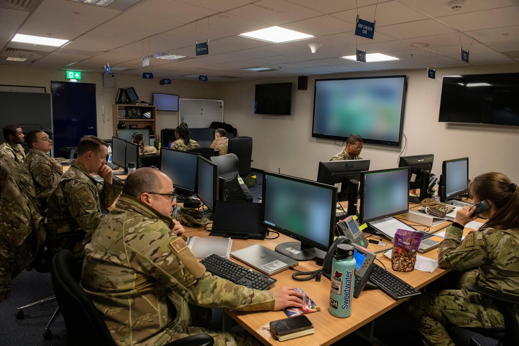 Emergency Operations Center members exercise command and control at RAF Alconbury, England