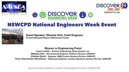 Naval Surface Warfare Center, Philadelphia Division hosted “Introduce a Girl to Engineering” for girls from Philadelphia-area high schools with Forward Deployed Regional Maintenance Center Chief Engineer Rhonda Hart as a guest speaker and an esteemed panel of women engineers on Feb. 23, 2023.  (U.S. Navy Illustration by Carmen Vitanza/Released)