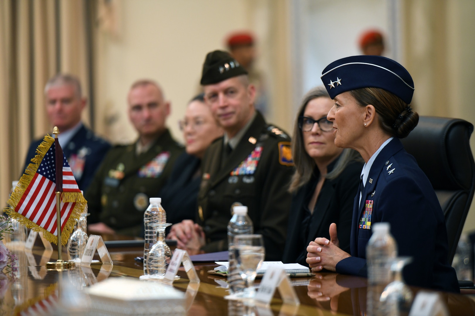 Air Force Maj. Gen. Kerry Muehlenbeck, adjutant general, Arizona National Guard, speaks during a meeting with leaders of the Sultan's Armed Forces, Muscat, Sultanate of Oman, March 13, 2023. Oman and the Arizona Guard signed a security cooperation agreement to pair in the Department of Defense National Guard State Partnership Program immediately after the meeting. (U.S. Army National Guard photo by Master Sgt. Jim Greenhill)