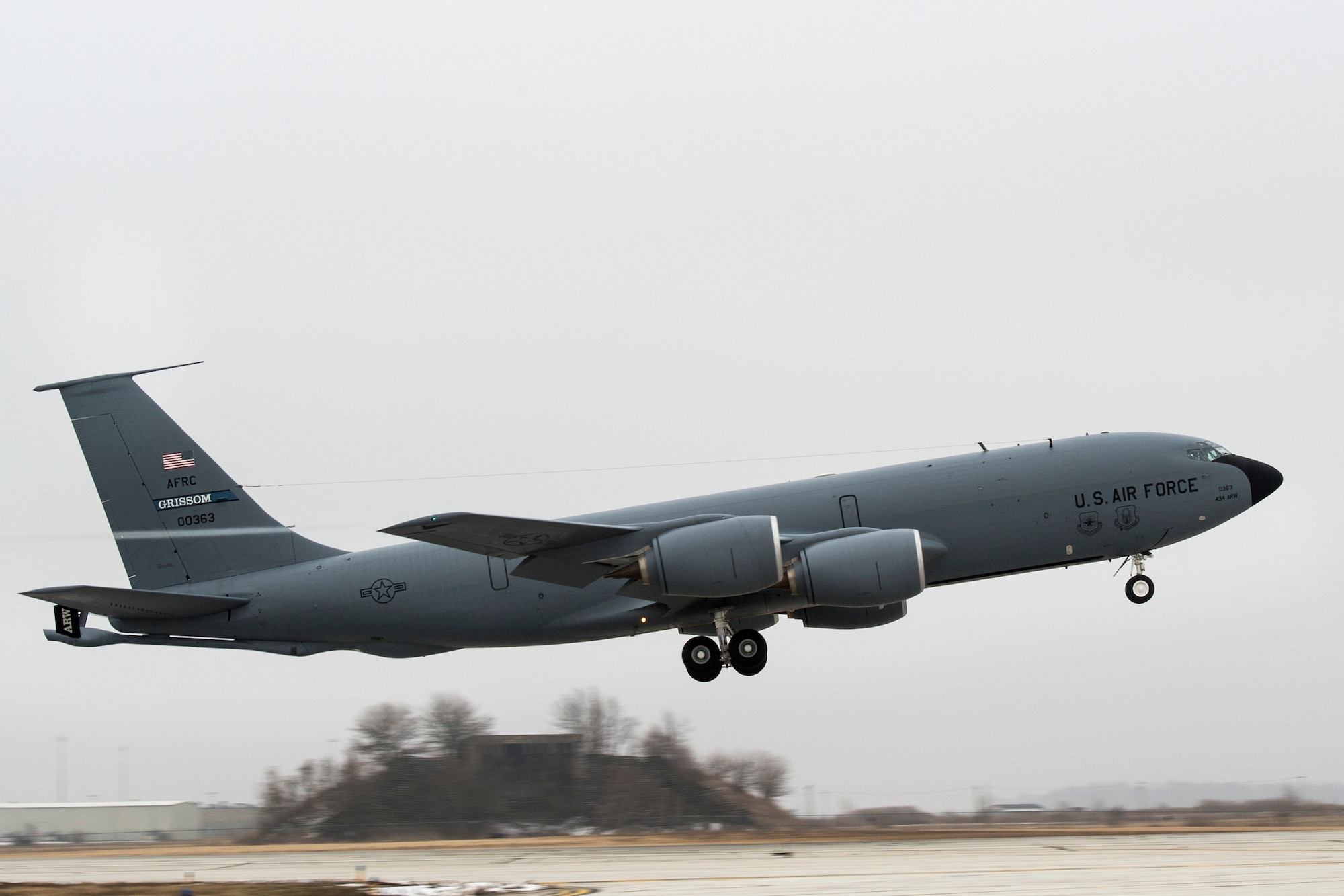 A 434th Air Refueling Wing KC-135R Stratotanker takes off from Grissom Air Reserve Base, Ind. Aircraft from Grissom are relocating to Fort Wayne International Airport while Grissom's runway undergoes extensive repairs. (U.S. Air Force photo/Master Sgt. Benjamin Mota)