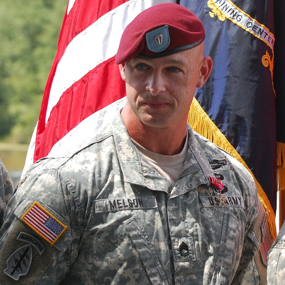 First Sgt. John Melson, then a Sgt. 1st Class and member of the Massachusetts Army National Guard, was presented the Bronze Star Medal with "V" device for valor at Fort Benning, Ga., Aug. 23, 2013, for his actions in 2009 while fighting off a Taliban ambush in Gerani, Afghanistan. Melson, now a member of the Georgia National Guard, is featured in the new U.S. Army recruiting campaign commercials.