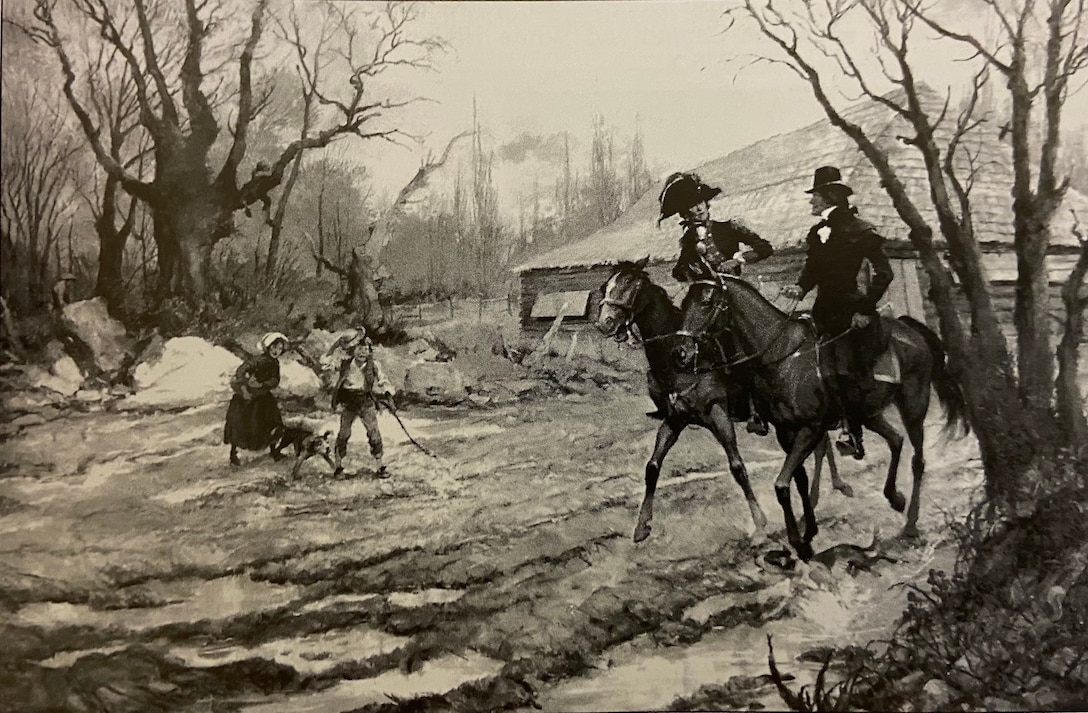 Lieutenant Colonel William Ward Burrows, Commandant, and President Thomas Jefferson riding on horseback searching for a site to place Marine Barracks Washington.