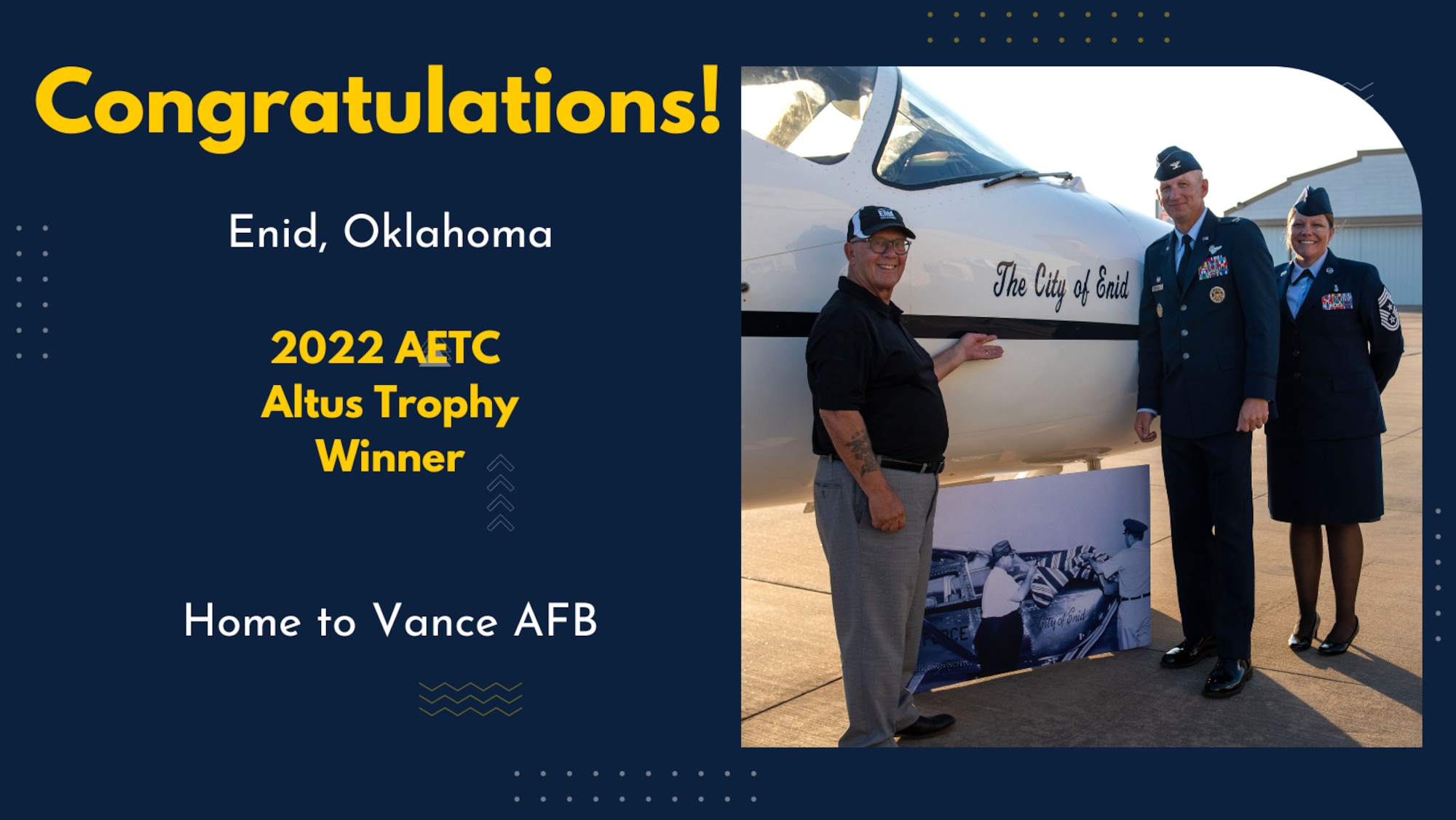 Graphic congratulating Enid, Oklahoma home to Vance Air Force Base on being named the 2022 Air Education and Training Command Altus Trophy Winner