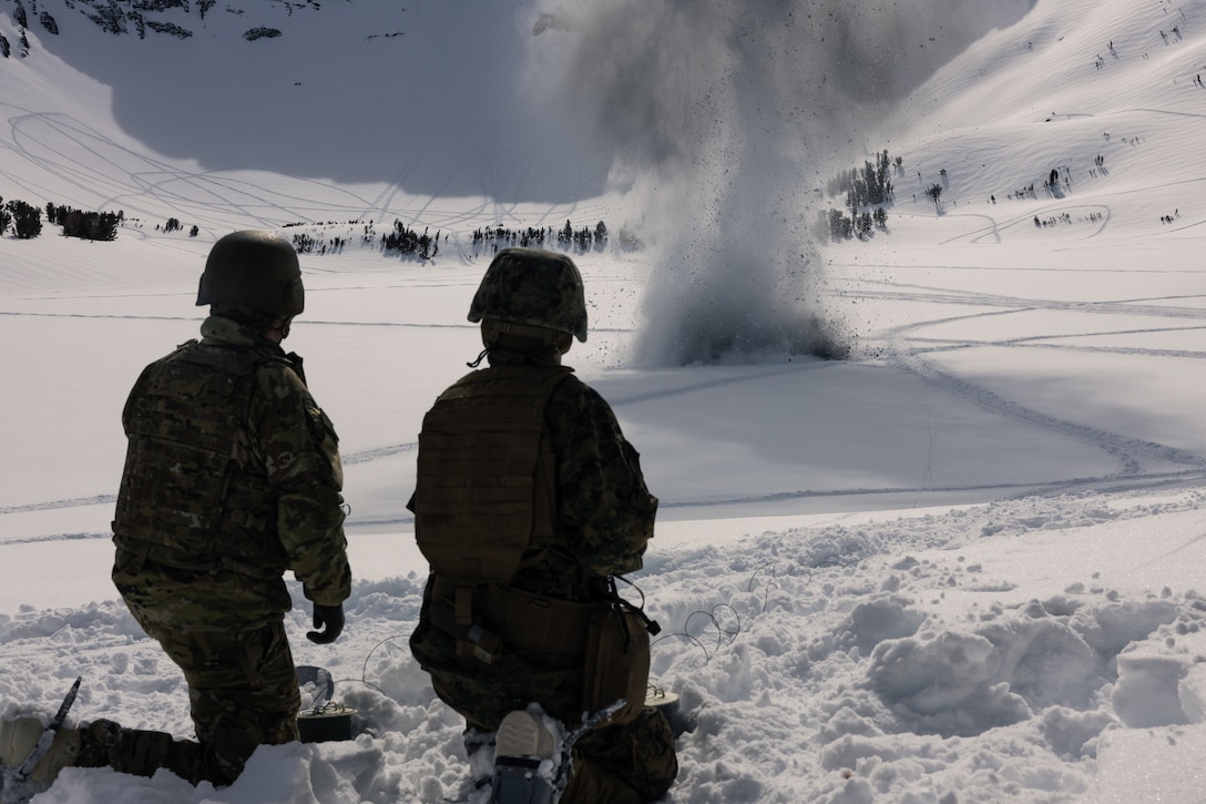 U.S. Army Spc. Nico Sedita, a combat engineer with Sapper Company, 6th Brigade Engineer Battalion, left, and U.S. Marine Cpl. Johnico Dennison, a combat engineer with 8th Engineer Support Battalion, 2nd Marine Logistics Group, detonates explosives placed into the ice of a frozen lake at Marine Corps Mountain Warfare Training Center (MCMWTC), Bridgeport, California, Feb. 7, 2023. As part of the Winter Mountain Engineer Course, students learned how to use demolition to create holes in iced over lakes and trigger avalanches. (U.S. Marine Corps photo by Cpl. Andrew Bray)