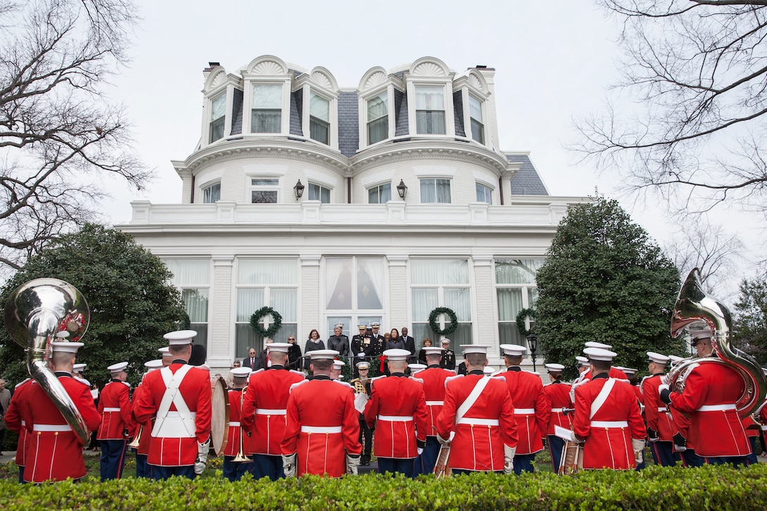 Members of the U.S. Marine Corps Band perform for the Commandant of the Marine Corps, Gen. Robert B. Neller, and other guests during the annual New Year’s Day Serenade at the Home of the Commandants in Washington, D.C., Jan. 1, 2016. The serenade is a tradition that dates back to the 19th century. (U.S. Marine Corps photo by Cpl. Samantha K. Draughon/Released)