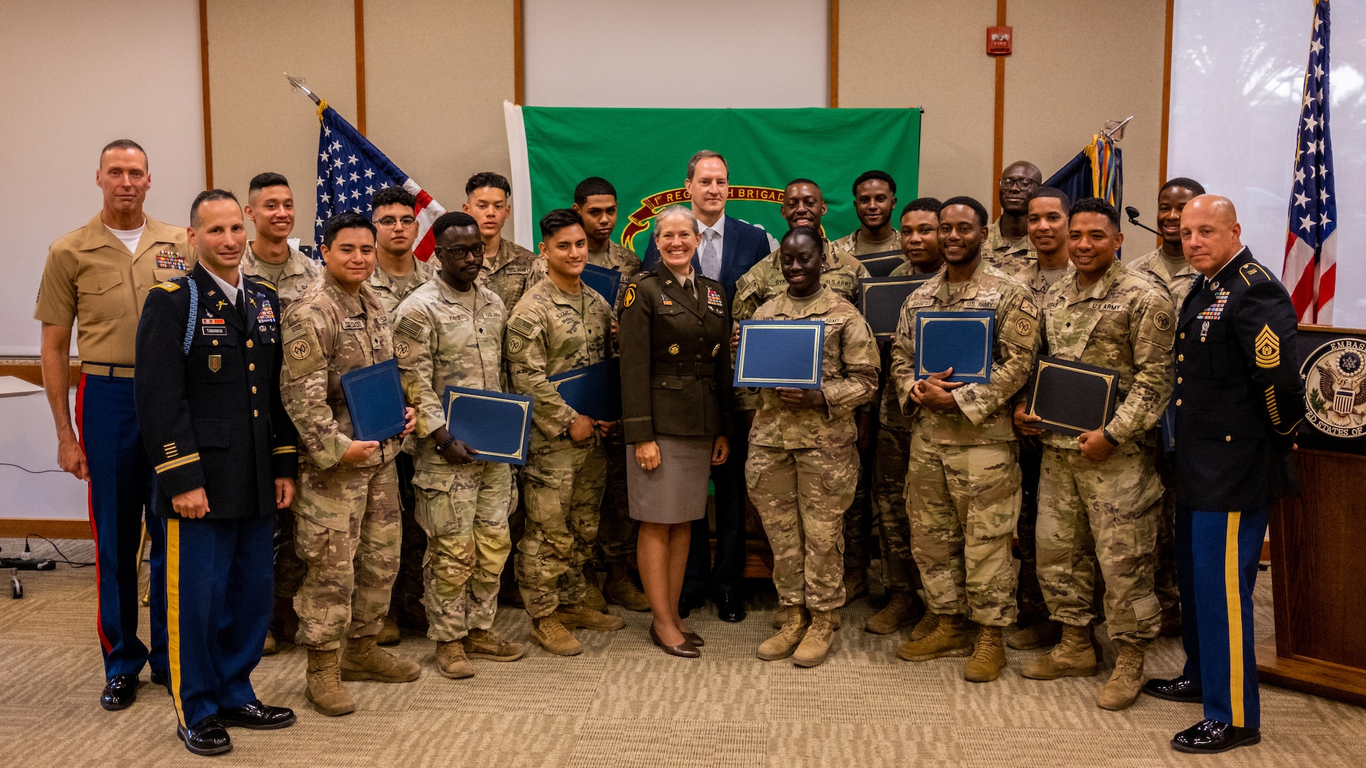 Fifteen New York Army National Guard Soldiers assigned to Combined Joint Task Force - Horn of Africa became U.S. citizens during a naturalization ceremony at the U.S. Embassy in Djibouti City, Djibouti, Mar. 10, 2023. The Soldiers, all belonging to the 27th Infantry Brigade Combat Team, are on a 9-month deployment.