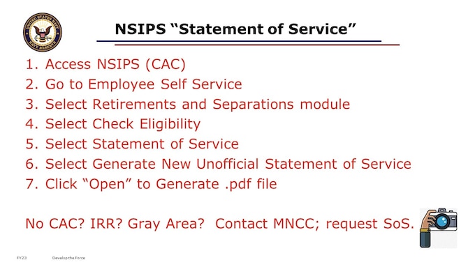 These are the steps to check your Statement of Service in NSIPS.
Access NSIPS (CAC)
Go to Employee Self Service
Select Retirements and Separations module
Select Check Eligibility
Select Statement of Service
Select Generate New Unofficial Statement of Service
Click “Open” to Generate .pdf file 

No CAC? IRR? Gray Area?  Contact MNCC; request SoS. 

NSIPS and BOL both have a way to view your point capture, but for now, BOL is still easier for you as the individual Sailor to use to review recent duty and point capture accuracy. Go to BOL, ARPR/ASOSH. When that module launches, you should see at the top of the screen a table that has inactive points on the left, and active points on the right. I recommend you check following every drill weekend or IDT/ATP/RMP/non paid to see that the dates and drill periods performed do reflect individually. For example, full performance of a 10-11 December 2022 drill weekend should show as DEC 10 10 11 11, reflecting 4 total inactive drill points, in the inactive points column on the left. In the active points column on the right, successful point capture from a properly mustered ADT 9-13 January 2023 should show as 09 JAN 23 13 JAN 23 0005, where the “0005” reflects the total points posted for those 5 days on active orders. 

At least once every anniversary year, you should conduct a detailed review of the active and inactive points columns, validating that they appear to capture all your duties performed within that timeframe accurately. Best practice here is to review progress within the anniversary year along with all previous years, as viewable in BOL’s summary table Annual Statement of Service History.  You can also view completed years by using the option on the top left of BOL’s ARPR/ASOSH module, to “Choose an Anniversary Year”, dropping down the menu to select which full Anniversary Year you’d like to review. This will load a .pdf that you can download, view, review, and save. I highly recommend you save these to