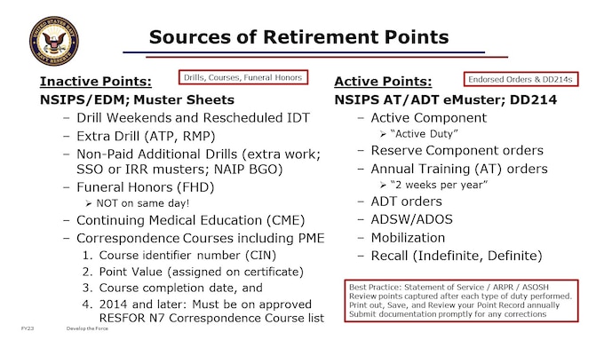 Points come from both Active and Inactive sources. Valid points accrue together regardless of source to a total within each Anniversary Year. Over your entire career, points continue to accrue toward your Career Total Points. At the end of your career, if you’ve earned eligibility for non-regular retirement per Title 10 US Code, it’ll be your Career Total Points that goes into the computation for Retired Pay. Remember, you need at least 50 retirement points within each Anniversary Year to have that year qualify as 1 of the 20 toward retirement eligibility. Be planful with your duties in order to meet minimum requirements for both Satisfactory Participation and well as Qualifying Years. Savvy Reservists plan their duties in order to maximize accrual of retirement points accrued. Be mindful to perform duties that can accrue toward total points without “overworking”.

Reserve Retirement Points are subject to various limits, such as max inactive points, max total points, and exclusionary rules which prevent simultaneous accrual of different types of points. 
Please note that there are several business rules and exceptions for how and when points may accrue.  For example, you cannot earn FHD on the same day as IDT.  You cannot earn inactive points during the same time as active points (except for JPME earned through the Naval War College distance education program.)
Business rules preclude receiving IDT on the same day as funeral honors point, and vice versa. The bottom line is 1 pt per day for funeral honors (ONLY and MAX); OR 2 points per day (MAX) for Drills. For Correspondence Courses, you must follow the current guidance from RESFOR N7 in order to get the points posted to and validated in your point record toward retirement eligibility and career total points. Other than JPME completed via NWC’s College of Distance Education, you cannot earn points for Correspondence Courses while in any other duty status (IDT, orders, etc.) Continuing Medical Education (CME) cr