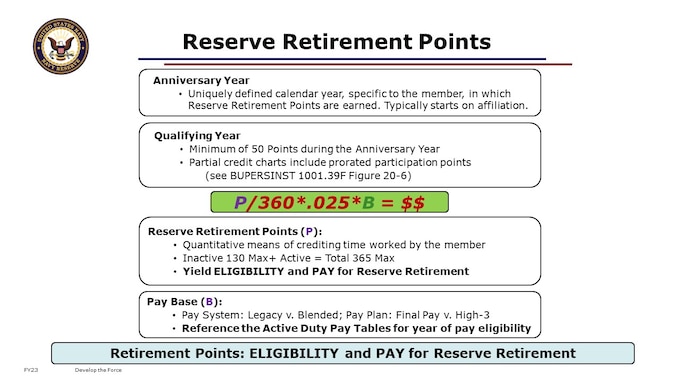 Let’s take a moment to refresh you on one aspect of the financial factors – the potential dollar value of your future retired pay from your accrued Reserve retirement points.

Remember, Points are used for determining years of creditable service that have applicability to the computation of reserve (non-regular) retired pay. Points directly yield retired pay, as shown in the equation for Retired Pay, Points divided by 360, times the Service Percent Multiplier (2% for Blended Retirement System, or 2.5% for Legacy Retirement System pre-2018, times Pay Base.
“P” represents Reserve Retirement Points;. “B” represents Pay Base.

Retirement Points factor into both ELIGIBILITY for and the amount of RETIRED PAY
Along the way, you earn reserve retirement points when you perform duty. When you earn at least 50 retirement points in each unique Anniversary Year, you receive a Qualifying Year.
In order to continue working to earn Qualifying Years, you must maintain Satisfactory Participation by meeting requirements for continued service in the Navy Reserve.
By Law, those requirements include both drill participation and active service within each fiscal year. Service policies include readiness requirements like medical, dental, government travel card, period general military training, and more.

Be planful with your duties in order to meet minimum requirements for both Satisfactory Participation and well as Qualifying Years.  You can also be strategic in planning your duties in order to maximize your points accrued. Try not to overwork, such that you end up performing duties that can not accrue toward total points due to business rules. 